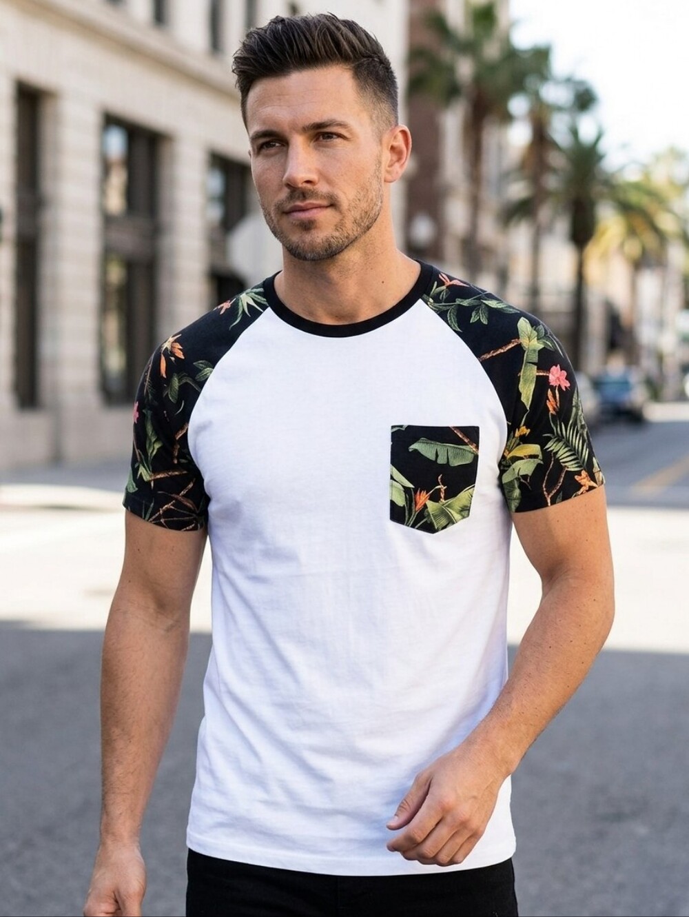 ZARA Vintage Raglan Sleeve Pocket T-Shirt Tropical Print Size Large